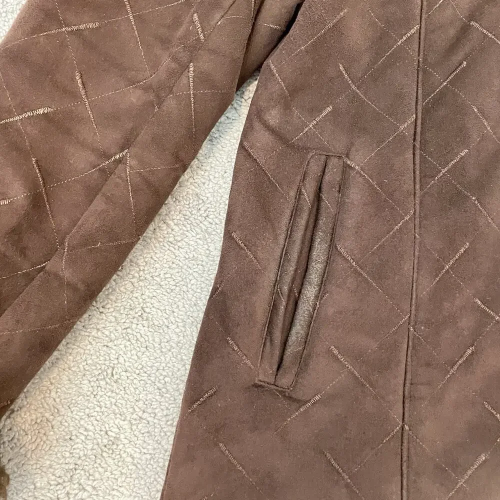 Y2K Faux Suede Fur Trim Hooded Coat Zip Up Women’s Medium 2000s VTG Brown Jacket - Picture 5 of 16